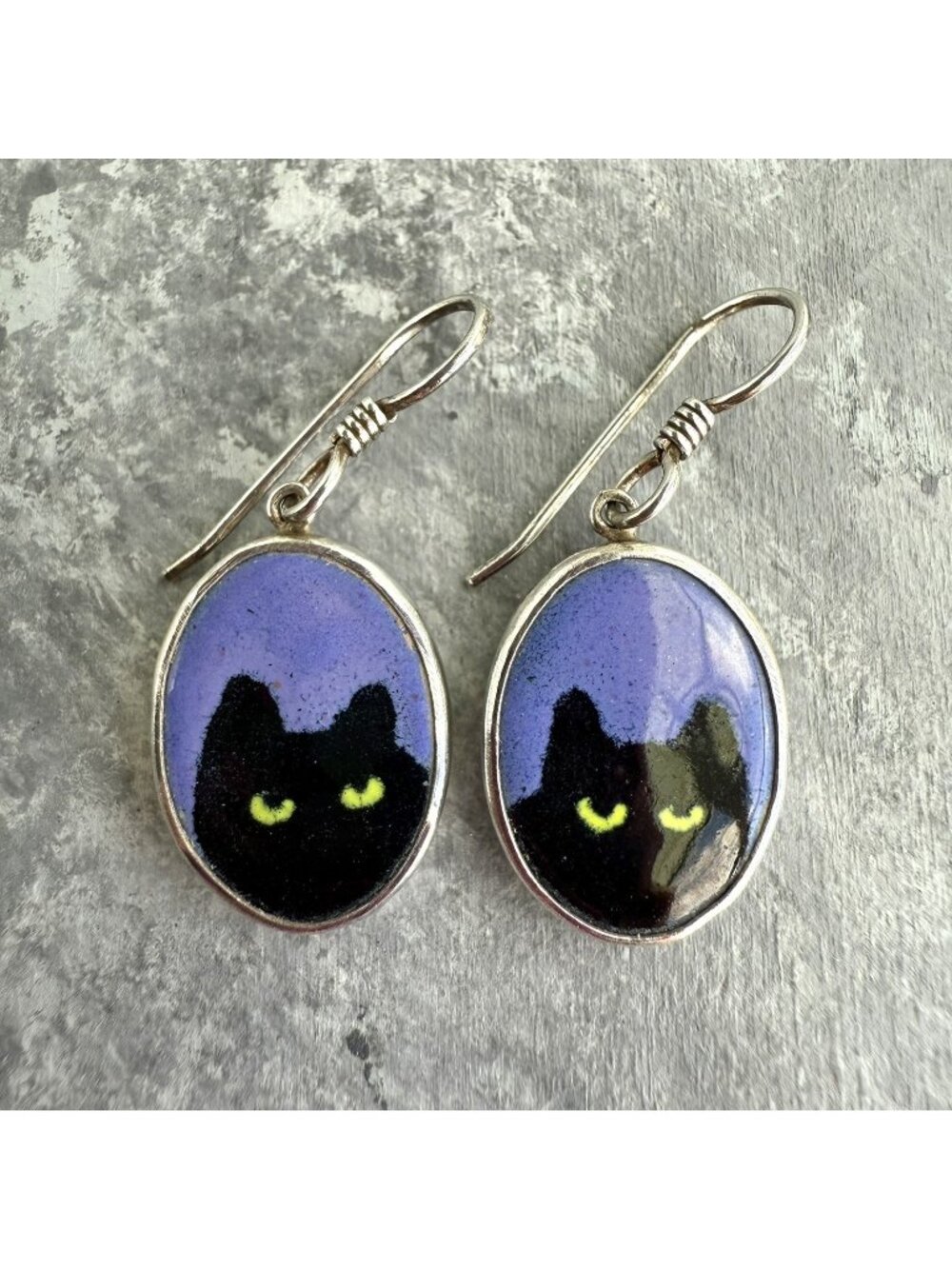 VTG Victor Lee Enamel Sterling Silver Black Cat Purple Dangle Earrings